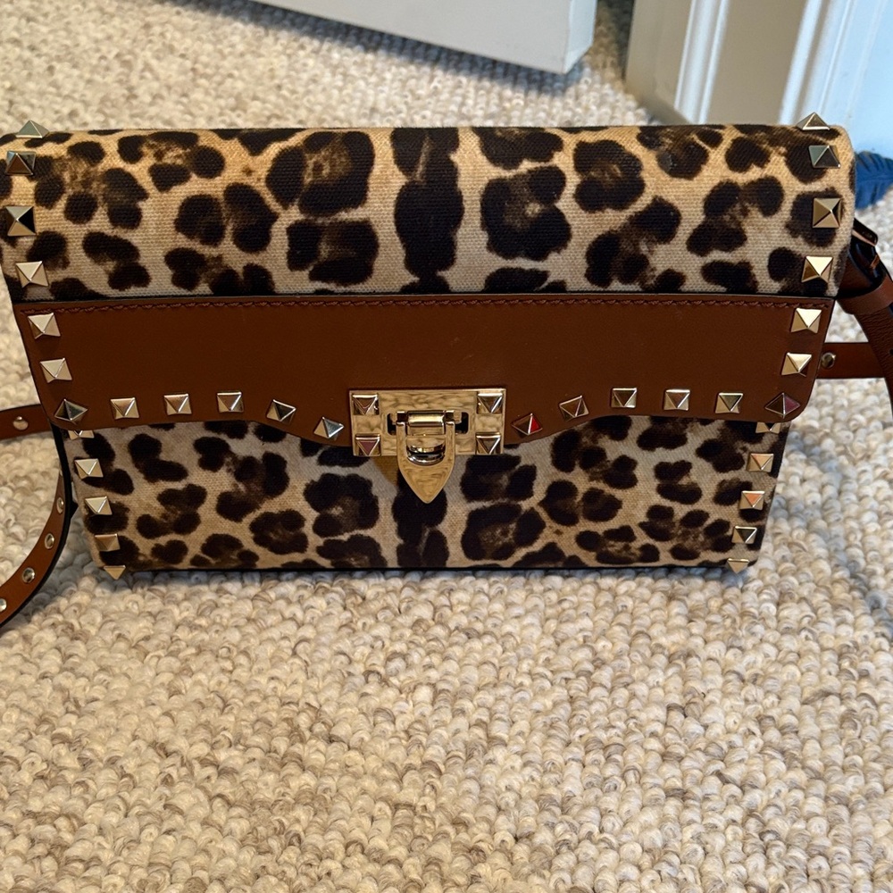 Valentino Garavani Leopard and Brown Studded Crossbody Bag